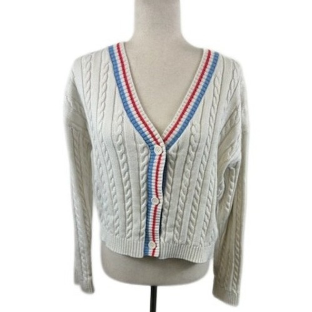 Prince‎ Pickleball Sweater Women's Size Large Cream Cable Knit V-Neck Cardigan